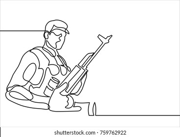 Soldier With Weapons-continuous Line Drawing