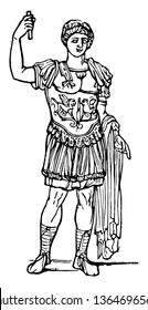 A soldier wearing a cuirass called Lorica, vintage line drawing or engraving illustration.