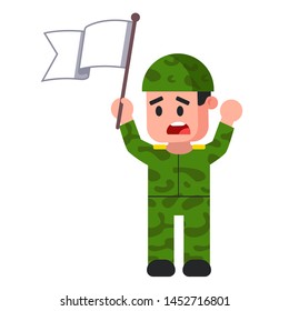 soldier with white flag. green camouflage form. surrender. flat vector illustration.