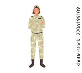 Soldier woman wearing uniform, isolated military worker serving country. Army and defense, warrior or fighter. Personage or character, vector in flat cartoon style
