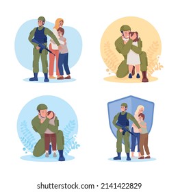 Soldiers 2D vector isolated illustration set. Militant protecting citizens flat characters on cartoon background. Soldier parting with child colourful scene for mobile, website, presentation pack