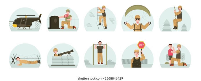 Soldiers activities in training while on duty. Character design. Vector flat illustration packs
