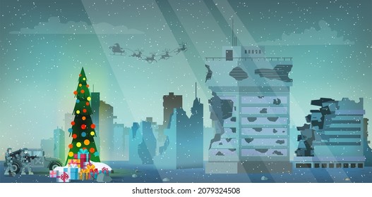 Soldiers Celebrate Christmas In Destroyed City Buildings After War Or Earthquake Vector Flat Illustration. Abandoned And Damaged Broken Constructions. Town In Ruins After Bomb Explosion Or Disaster.