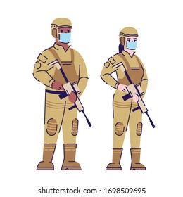 Soldados en covid19 pandemia de ilustración plana aislada vectorial. Militares en máscaras quirúrgicas personaje de caricatura 2D con contorno sobre fondo blanco. Cuarentena, toque de queda. Protección antivirus