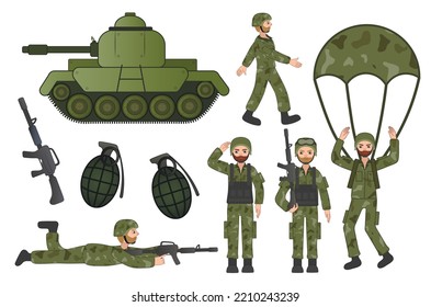 Soldiers and different items on white background