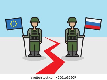 soldiers with flags, icon, red line, vector illustration