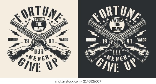 Soldiers Fortune Poster Vintage Monochrome Crossed Military Bomb Weapon Grenade Launcher Thumper And Honor Valor Text Vector Illustration