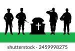 Soldiers giving salute to respect in military cemetery grave black silhouette. Tribute respects to patriotic veteran war fallen military service members national cemetery vector silhouettes.	