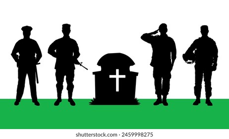 Soldiers giving salute to respect in military cemetery grave black silhouette. Tribute respects to patriotic veteran war fallen military service members national cemetery vector silhouettes.	