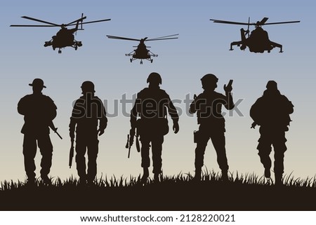 The soldiers going to attack and helicopters.