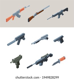 Soldiers guns. Isometric weapons automatic arms for modern warriors garish vector guns for war collection pictures isolated