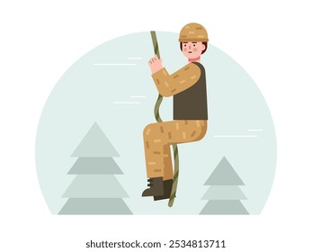 Soldiers hanging on ropes, junior training in military. Character design. Vector flat illustration