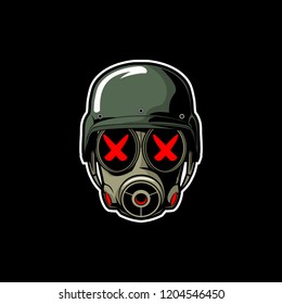soldiers head with gas mask and military helmet cartoon vector