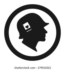 Soldiers head with helmet and playing card, side view. Logo template. Vector illustration.