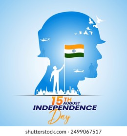 A soldiers helmet outlines the image An Indian flag is held with doves and military aircraftText 15th August Independence Day at the bottom An Indian flag is held by a person witha city skyline behind