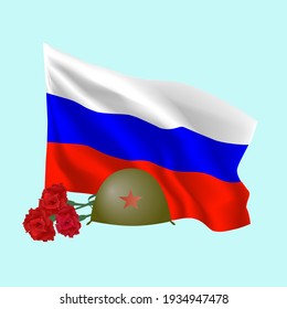 A soldier's helmet and red carnations on the background of the Russian flag. Banner for May 9, Victory Day. Vector illustration