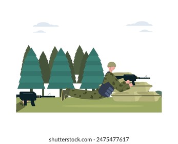 The soldiers are hiding and scouting with weapons. Character design. Vector flat illustration
