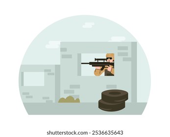 Los soldados se esconden en la pared mientras disparan al enemigo, usando armas. Diseño de personajes. Ilustración plana de Vector