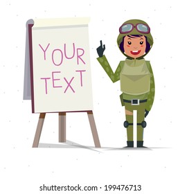 soldier's lady presenting on paperboard - vector illustration