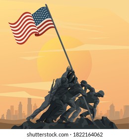 soldiers lifting flag in pole in sunset scene vector illustration design