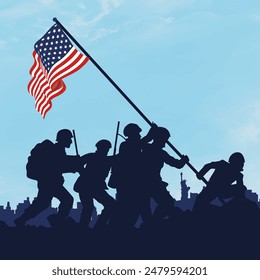 Soldiers lifting USA flag silhouette and USA cityscape on a navy blue background. Independence day USA, veterans day, memorial day. Vector illustration. 