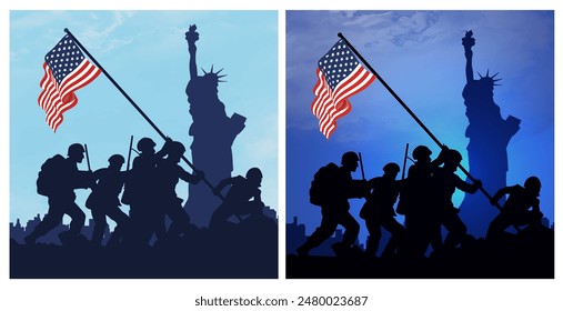 Soldiers lifting USA flag silhouette and USA cityscape on a navy blue background. Independence day USA, veterans day, memorial day. Vector illustration. 