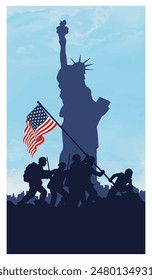 Soldiers lifting USA flag silhouette and USA cityscape on a navy blue background. The Statue of Liberty, Independence day USA, veterans day, memorial day. Vector illustration. 