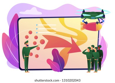 Soldiers looking at coordinated military actions and tactics, tiny people. Military operation, armed struggle, national security plan concept. Bright vibrant violet vector isolated illustration