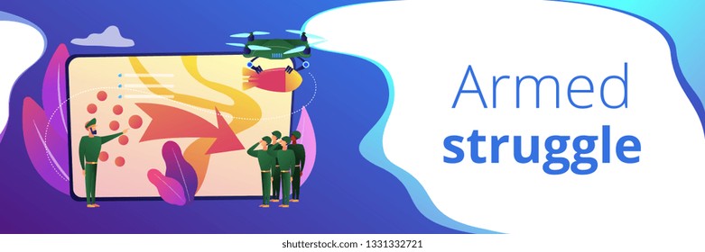 Soldiers looking at coordinated military actions and tactics, tiny people. Military operation, armed struggle, national security plan concept. Header or footer banner template with copy space.