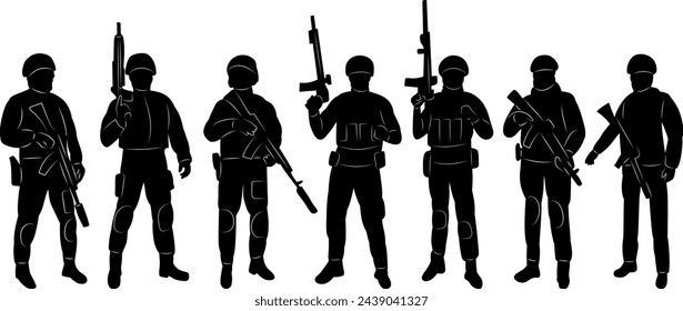 soldados, silueta militar sobre fondo blanco, vector