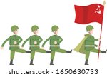 Soldiers in military uniforms March on the parade. At the head of the commander marches with a flag. Infographics