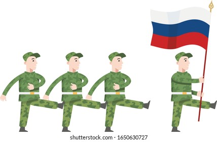 Soldiers in military uniforms March on the parade. At the head of the commander marches with a flag. Infographics