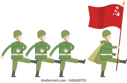 Soldiers in military uniforms March on the parade. At the head of the commander marches with a flag. Infographics