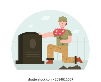 Los soldados están fuera de servicio visitando tumbas familiares con flores. Diseño de personajes. Ilustración plana de Vector