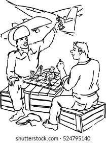 Soldiers playing chess sitting on a wooden crate in the background with the plane
