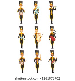 Soldiers playing musical instruments, members of army military band in black uniform vector Illustration on a white background