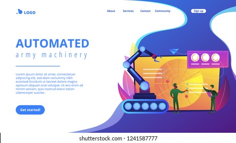 Soldaten auf Radar planen, Roboter für militärische Aktionen einzusetzen. Militärische Robotik, automatisierte Armeemaschinen, Konzept der militärischen Robotertechnik. Website lebendige violette Landing-Website-Vorlage.