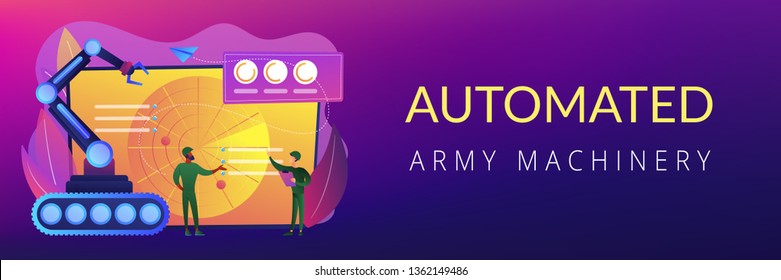 Soldiers at radar planning to use robot for military actions. Military robotics, automated army machinery, military robot technologies concept. Header or footer banner template with copy space.