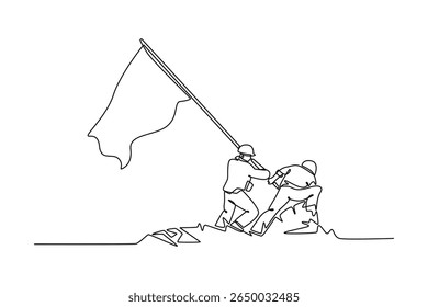 Soldiers raising flag towards the end of World War II.  world war concept. Single line draw design. Vector graphic illustration