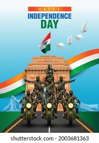 Soldiers Ride With Motorbike . 15 August Happy Independence Day. Vector Illustration Design