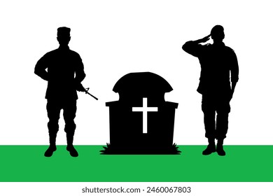 Soldiers salute in military to the grave military cemetery black silhouettes.	