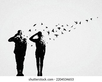 Soldiers salutes. Death on battlefield. Afterlife. Flying birds flock