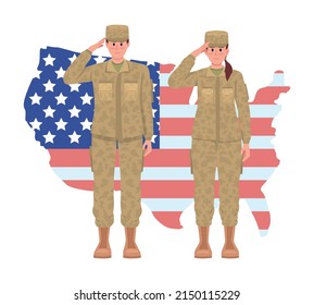Soldiers saluting against map 2D vector isolated illustration. Memorial day in USA flat characters on cartoon background. Fallen heroes honor colourful scene for mobile, website, presentation