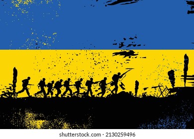 Soldiers silhouette with Flag of Ukraine as a background. Vector