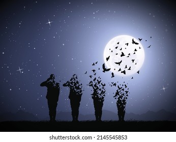  Soldiers silhouettes. Army on battlefield. Death, Afterlife. Full moon