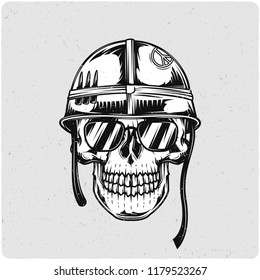 Soldier's skull in helmet. Black and white illustration. Isolated on light backgrond with grunge noise and frame.