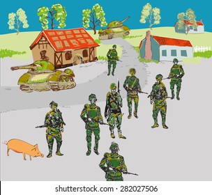 Soldiers in a small town, concept of wars and conflicts, hand drawn in childish style illustration
