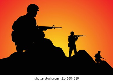 Soldiers troop in operative mission sunset silhouette background, warrior in the battle design vector illustration.