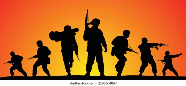 Soldiers troop in operative mission sunset silhouette background, warrior in the battle design vector illustration.