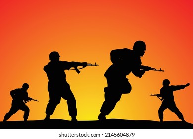 Soldiers troop in operative mission sunset silhouette background, warrior in the battle design vector illustration.